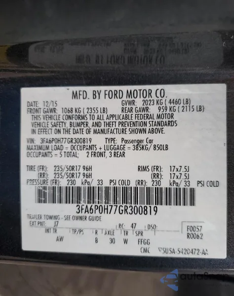 2016 Ford Fusion Se из США, поврежденный, VIN 3FA6P0H77GR300819